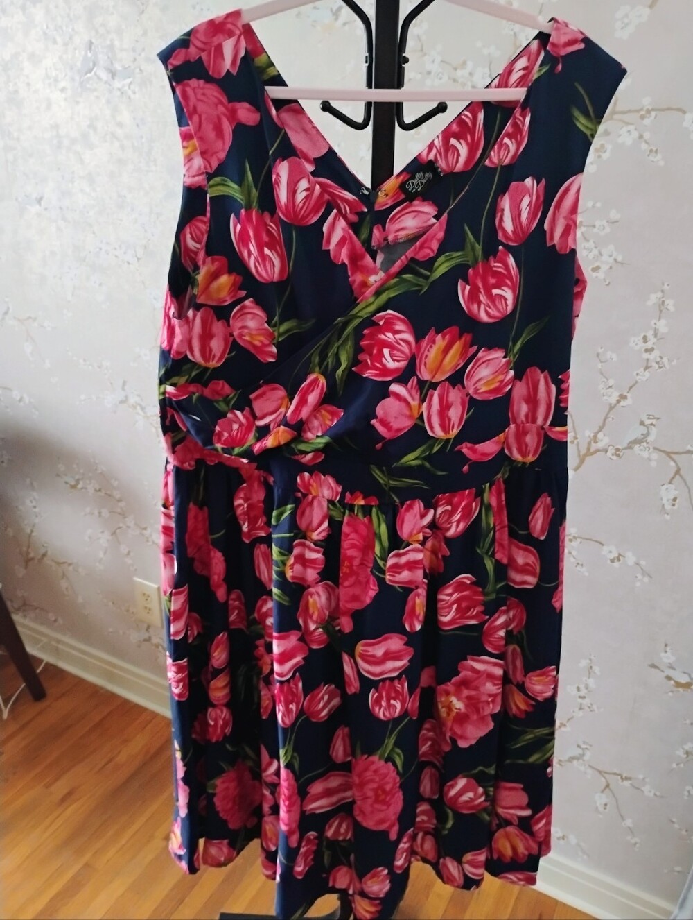 Dolly And Dotty Floral V-Neck Sleeveless Dress in Navy with Pink Tulips